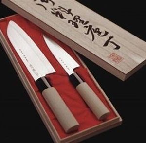 SATAKE Veitsisetti kuorimaveitsi & santoku balsapuu-laatikossa